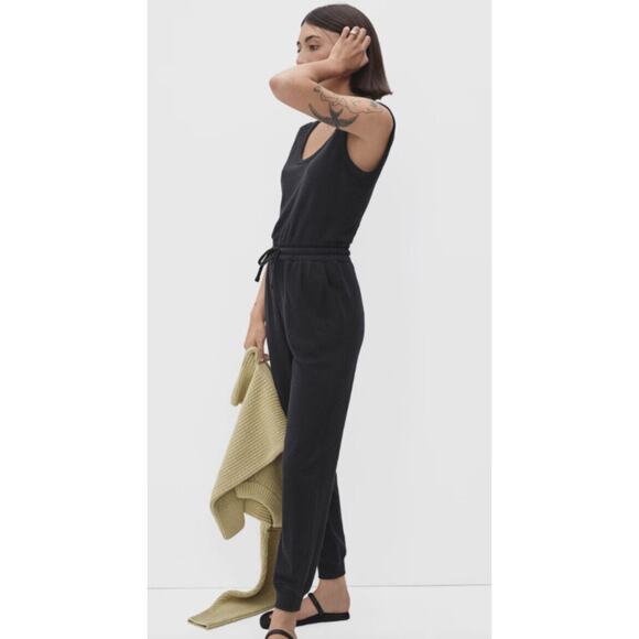 Everlane The French Terry Jumpsuit Romper •XXS•Drawstring Waist Scoop Neck Khaki - Picture 3 of 16
